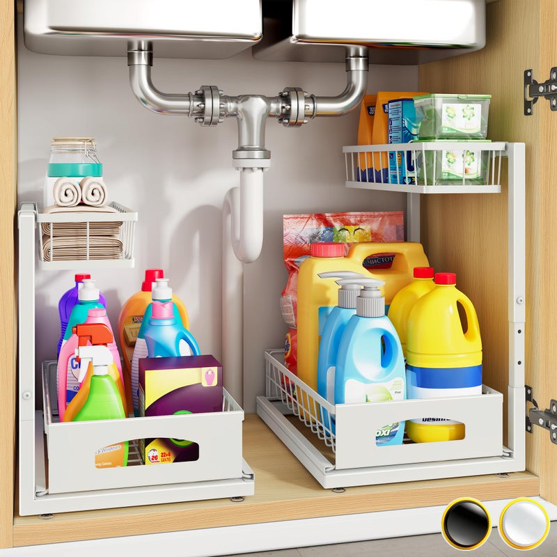 Fabutier Under Sink Organizer, 2 Pack Cabinet Organizer for Kitchen, Height Adjustable Pull Out Heavy Duty 2 Tier Metal Under Sink Storage for Bathroom Pantry (White, 2 Pack) - Image 1