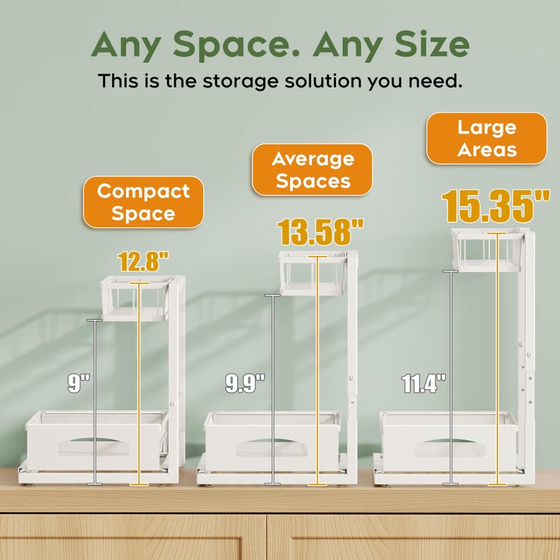 Fabutier Under Sink Organizer, 2 Pack Cabinet Organizer for Kitchen, Height Adjustable Pull Out Heavy Duty 2 Tier Metal Under Sink Storage for Bathroom Pantry (White, 2 Pack) - Image 2