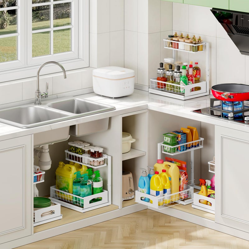 Fabutier Under Sink Organizer, 2 Pack Cabinet Organizer for Kitchen, Height Adjustable Pull Out Heavy Duty 2 Tier Metal Under Sink Storage for Bathroom Pantry (White, 2 Pack) - Image 5