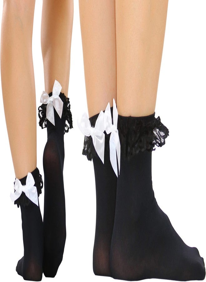 جوارب نسائية من ToBeInStyle غير شفافة تصل إلى الكاحل مع حافة دانتيل مكشكشة - أسود - Image 3