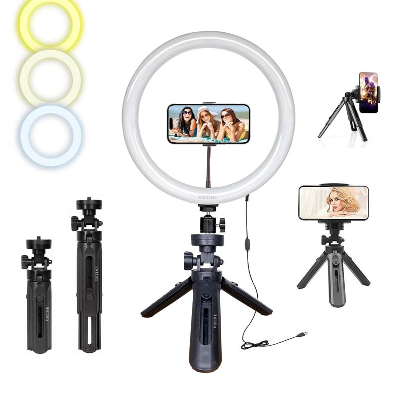 USTINE طقم يوتيوبر ® | ضوء حلقي 10" | MiniPro T1 – حامل ثلاثي صغير مدمج 16 سم (للاستخدام على الطاولة) | مثالي لمقاطع فيديو فيسبوك، الريلز والتدوين المرئي (MiniPro T1 + ضوء 10") - Image 1
