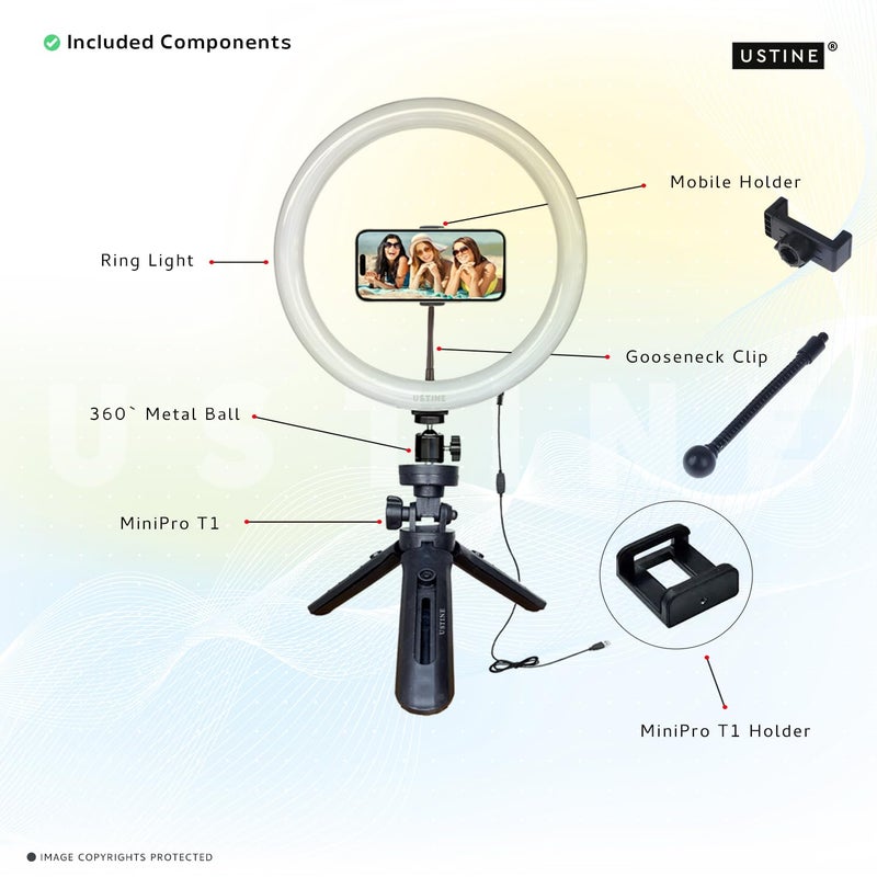 USTINE طقم يوتيوبر ® | ضوء حلقي 10" | MiniPro T1 – حامل ثلاثي صغير مدمج 16 سم (للاستخدام على الطاولة) | مثالي لمقاطع فيديو فيسبوك، الريلز والتدوين المرئي (MiniPro T1 + ضوء 10") - Image 2