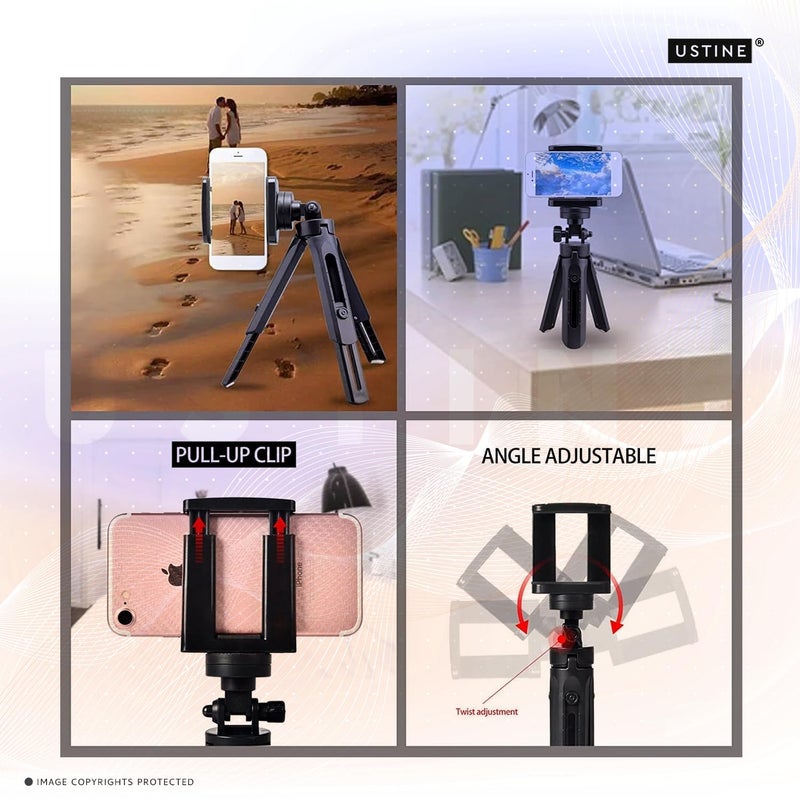 USTINE طقم يوتيوبر ® | ضوء حلقي 10" | MiniPro T1 – حامل ثلاثي صغير مدمج 16 سم (للاستخدام على الطاولة) | مثالي لمقاطع فيديو فيسبوك، الريلز والتدوين المرئي (MiniPro T1 + ضوء 10") - Image 4