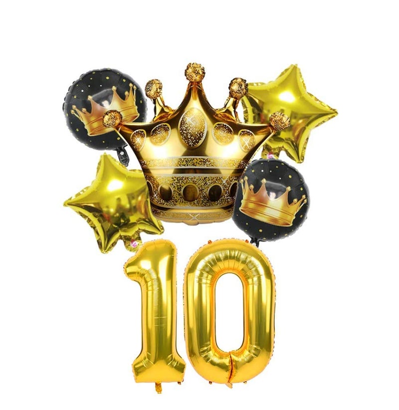 PARTY TIME  10th Birthday Decorations for Men Boy Women Girl Black and Gold Birthday Decorations for Happy Birthday Party with 1 Gold Number Balloon and Gold Crown and Star Foil Balloons - Image 1