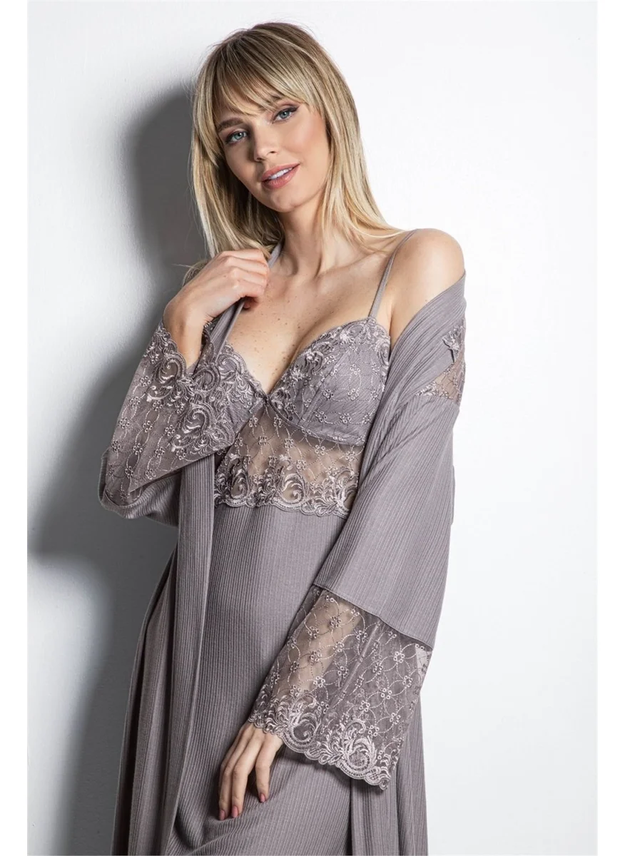 Monamise 19159 Women's Gray Nightgown Dressing Gown Set