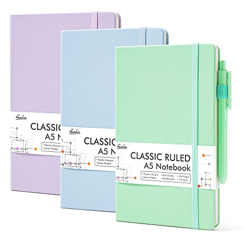 feela 3 Pack Hardcover Notebook For Women, Classic Ruled Lined Journal Set School Business Supplies, with 3 Black Pens, 120 GSM, 5.1”x8.3”, A5, Pastel Colors, Light Blue, Light Purple, Light Green - Image 1