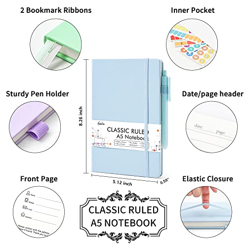 feela 3 Pack Hardcover Notebook For Women, Classic Ruled Lined Journal Set School Business Supplies, with 3 Black Pens, 120 GSM, 5.1”x8.3”, A5, Pastel Colors, Light Blue, Light Purple, Light Green - Image 2