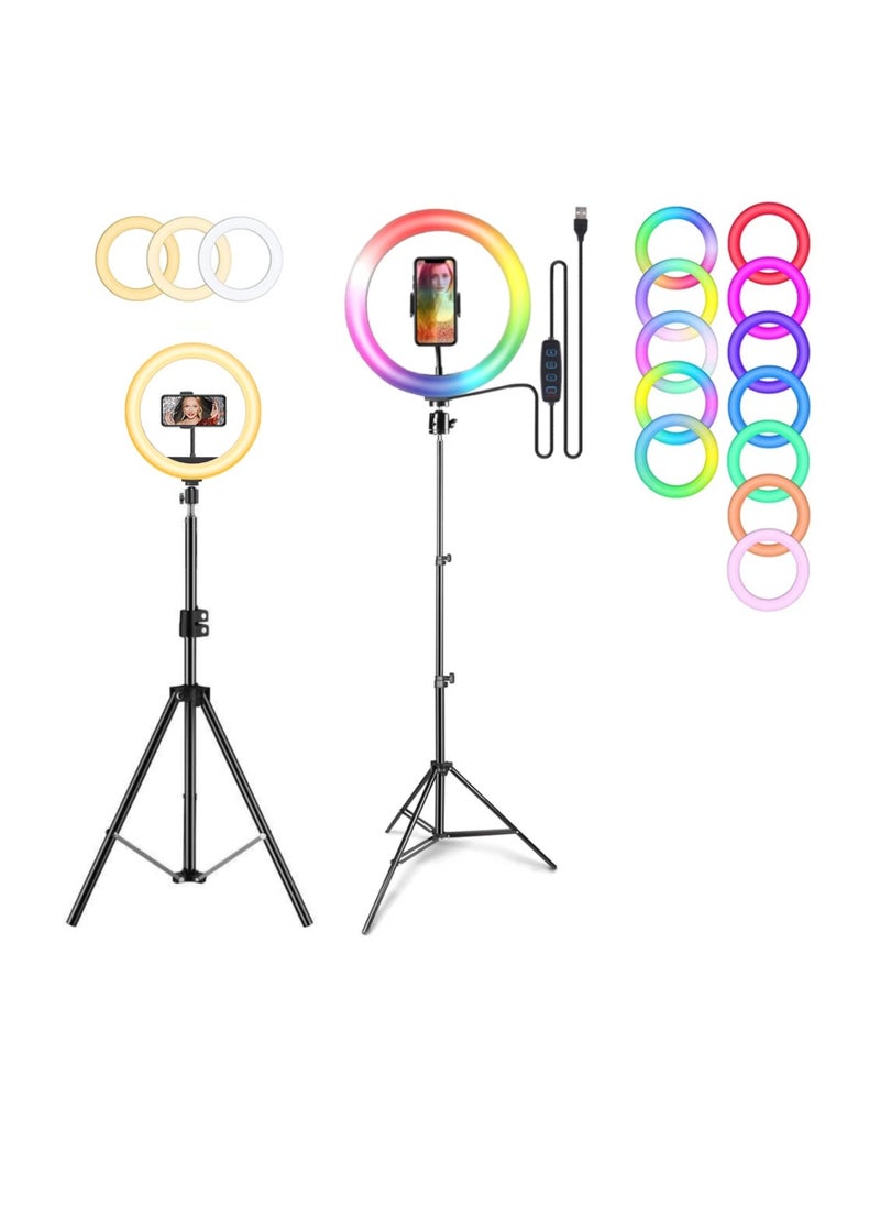 DIGI CORE - 10 inch RGB Ring Light With Tripod Stand 2.1 Meter Height RGB Selfie Light And 360° Phone Holder For Live Broadcast Youtube Instagram And Tik Tok Video Making - Image 1