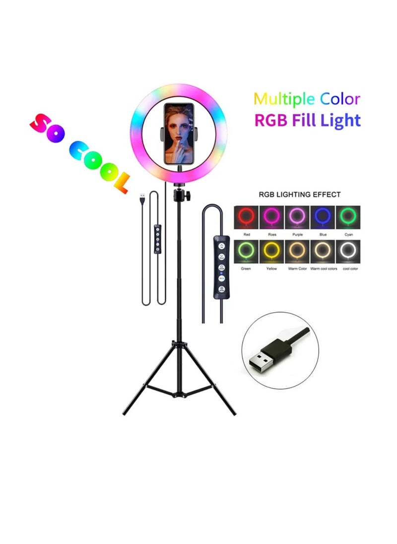 DIGI CORE - 10 inch RGB Ring Light With Tripod Stand 2.1 Meter Height RGB Selfie Light And 360° Phone Holder For Live Broadcast Youtube Instagram And Tik Tok Video Making - Image 1