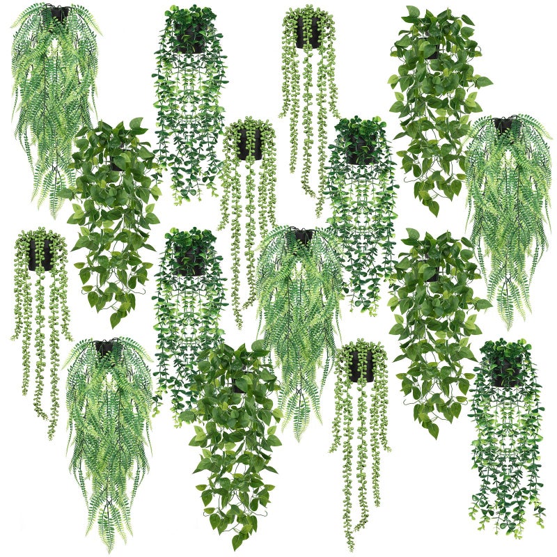 Jexine Jexine 16 Pcs Artificial Hanging Plants with Pot Fake Potted Plants Greenery Plastic Faux Eucalyptus Vine Wall Decor for Home Room Office Indoor Outdoor Shelf Patio Garden Decor