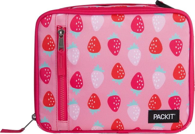 Pac-Kit Freezable Classic Lunch Box, Sweet Strawberry, Built with ECOFREEZE Technology, Collapsible, Reusable, Zip Closure With Zip Front Pocket and Buckle Handle, Designed for Fresh Lunch On the Go - Image 1