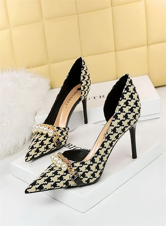 BIGTREE Side Cut-Out Thousand Bird Check Pearl Metal Chain High Heels 7.5CM Multicolour