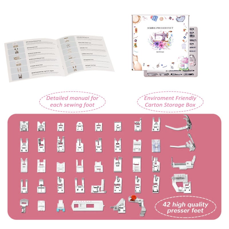 XBA Presser Foot Set 42Pcs, Sewing Machine Presser Feet Kit Accessories with Manual for Brother, Babylock, Singer, Elna, Toyota, New Home, Simplicity, Necchi, Kenmore Low Shank Machines - Image 2
