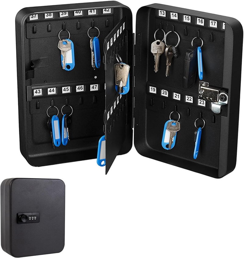 Key Lock Box, Wall Mounted Keys Storage Organizer Box with 48 Key Hooks and Tags, Metal Keys Cabinet with 3 Digit Code Lock for House, Garage, Office, Store, School (Black) - Image 1