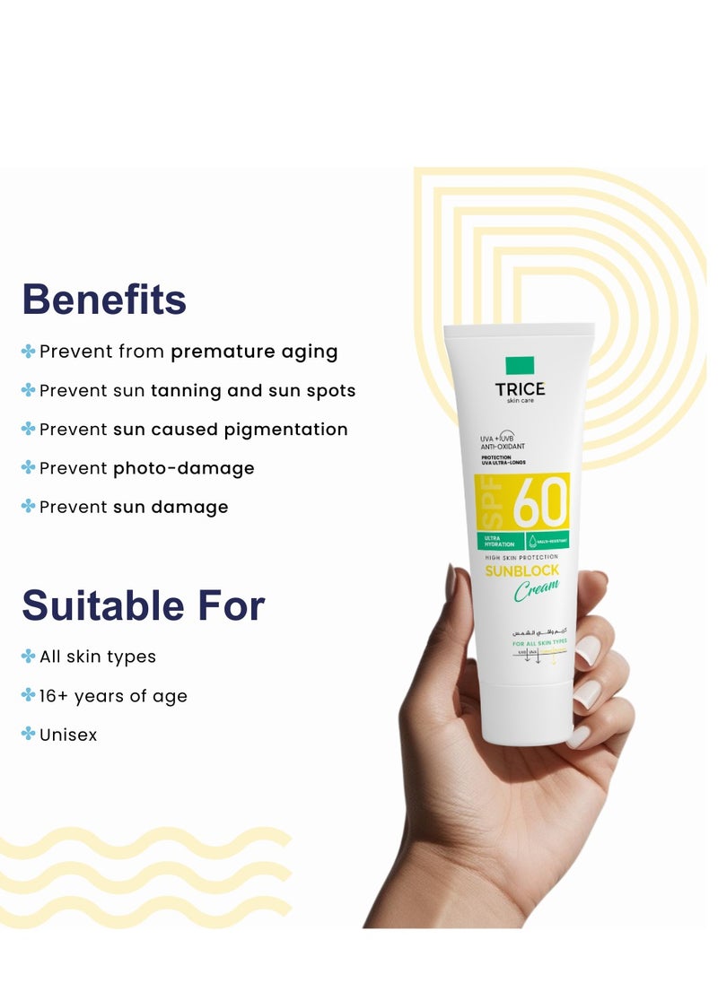 Trice Sunscreen Cream SPF 60 | Broad Spectrum UVA + UVB Protection | Moisturizing, Non-Greasy Formula | Water-Resistant & Antioxidant | 100 ml