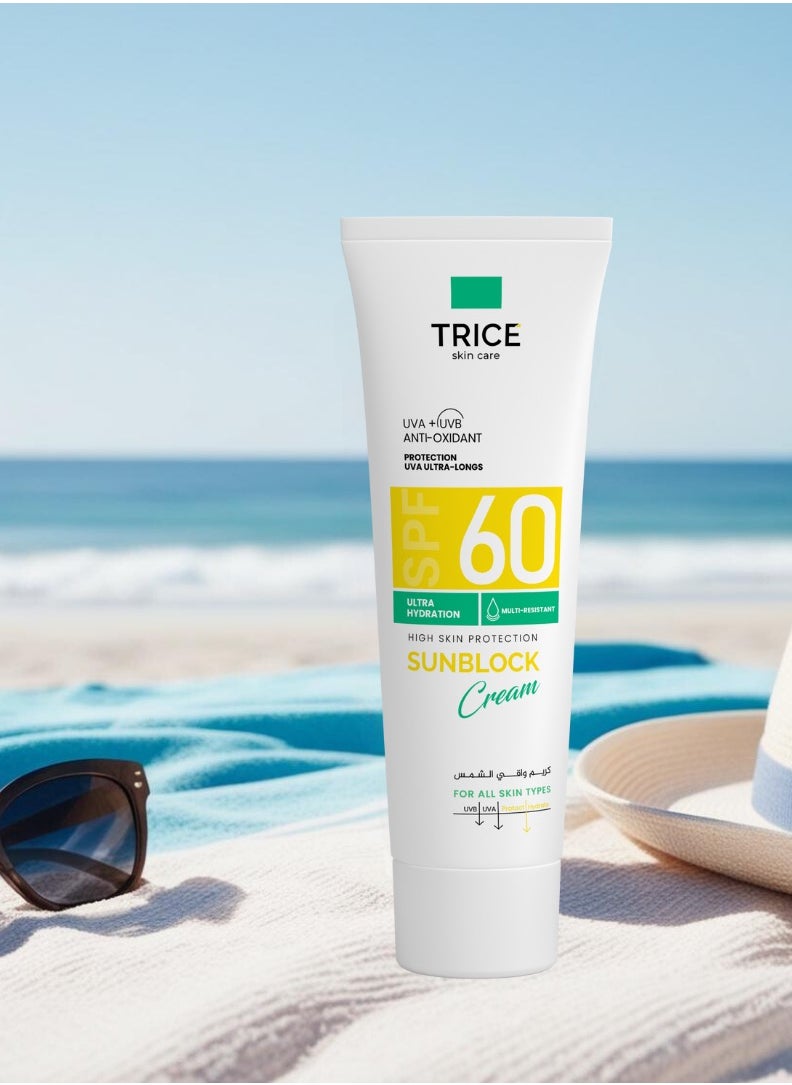 Trice Sunscreen Cream SPF 60 | Broad Spectrum UVA + UVB Protection | Moisturizing, Non-Greasy Formula | Water-Resistant & Antioxidant | 100 ml