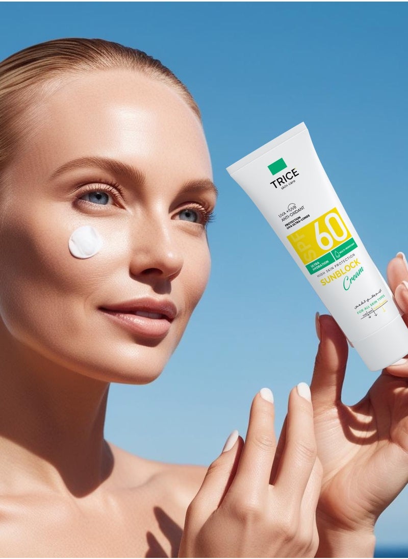 Trice Sunscreen Cream SPF 60 | Broad Spectrum UVA + UVB Protection | Moisturizing, Non-Greasy Formula | Water-Resistant & Antioxidant | 100 ml