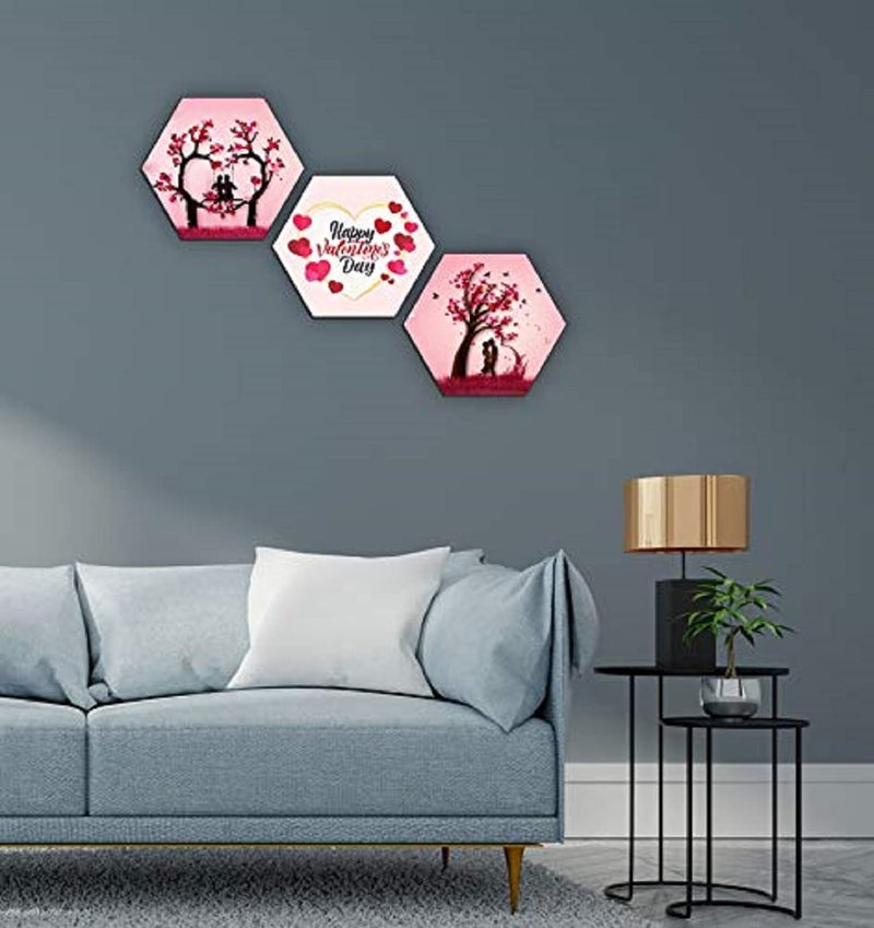 SAF paintings Hexagon Valentines Couple UV Textured Multi-Effect Abstract Painting (Set of 3, 17 Inch X 17 Inch, Multicolour - SANFHXS31099) - Image 2