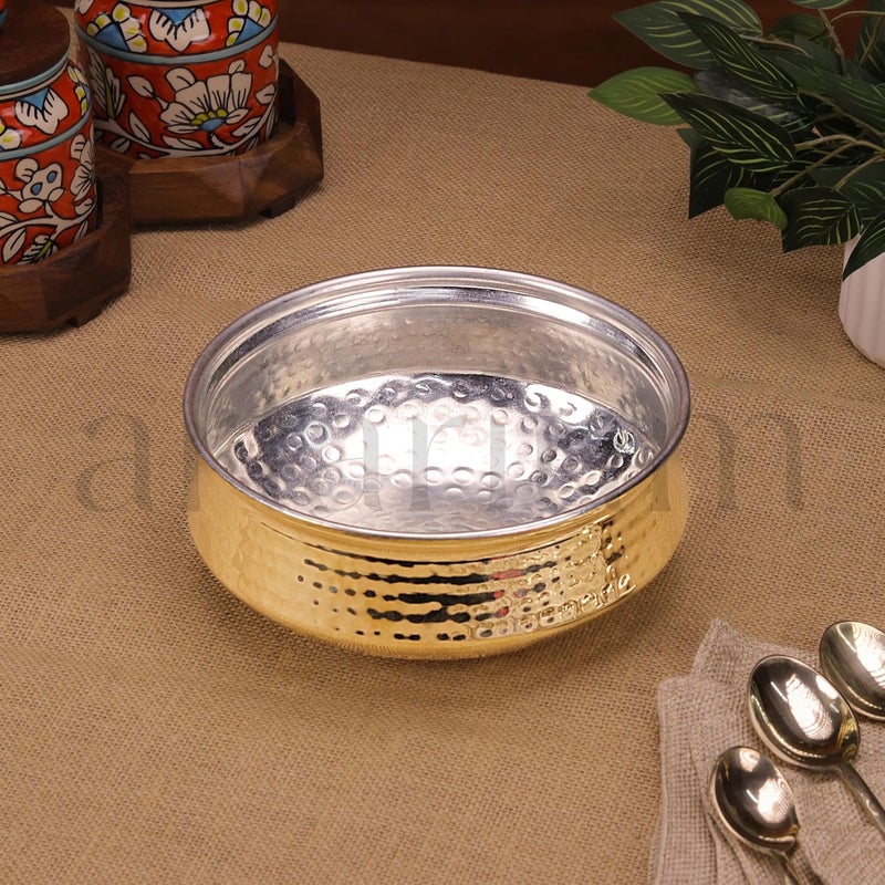 Artarium Artarium Pure Brass Lagaan Tin Coated with Lid Biryani Handi Hammered NonStick Pital Lagan Traditional Indian Cooking Pot for Cookind and Serving Brass Utensils for Kitchen Brass Lagan 780ml - Image 2