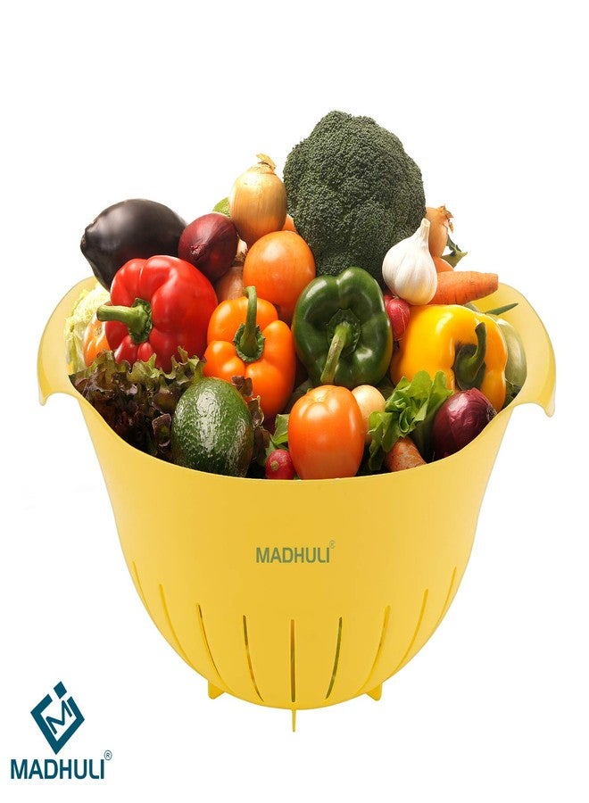 Madhuli Plastic 11 Inch Multi Color Rice Bowl Rice Pulses Fruits Vegetable Noodles Pasta Washing Bowl & Strainer Perfect for Storing, Straining,Colander Pack of 2 Yellow - Image 3
