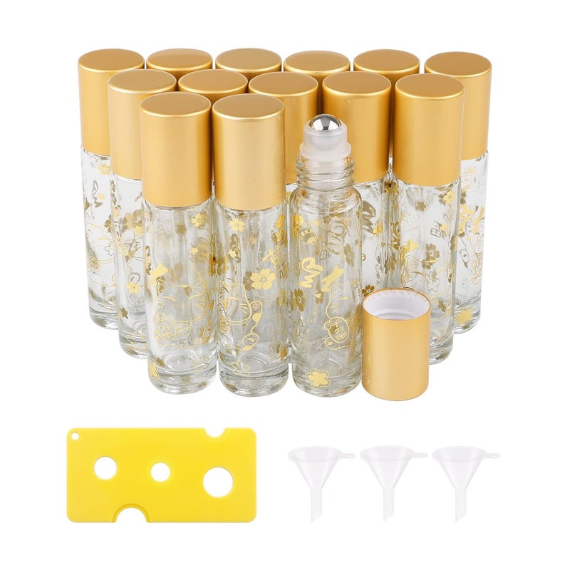 NewZoll 14Pcs Essential Oil Roller Bottles, 10ml Thick Glass Roll on Bottles Lucky Cat Massage Glass Roller Bottles Vials Tubes Containers for Perfumes Aromatherapy Lip Balms, Matte Gold Cap 