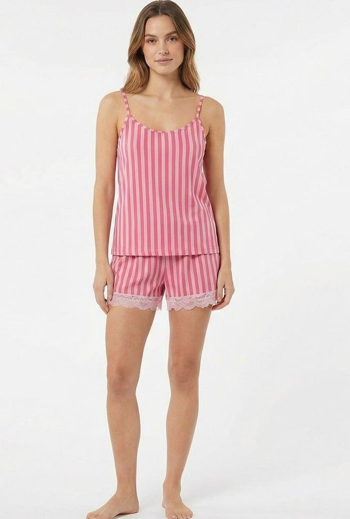 Vanilla Women's Striped Cami and Shorts Pyjama Set, Pink, Cotton Blend, Lace Trim code 3542