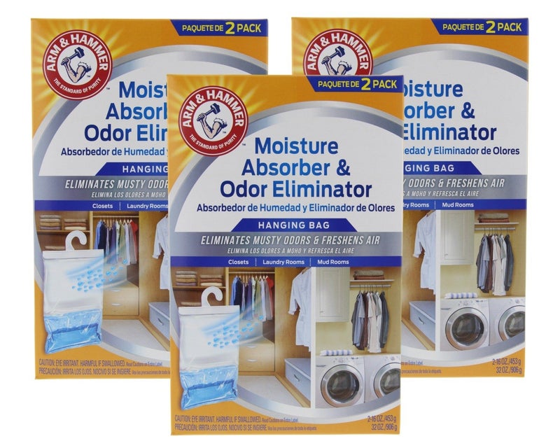 Arm & Hammer Arm  Hammer Moisture Absorber  Odor Eliminator 16oz Hanging Bag 3 Pack 6 Bags Total  Eliminates Musty Odors  Freshens Air for Closets Laundry Rooms Mud Rooms 