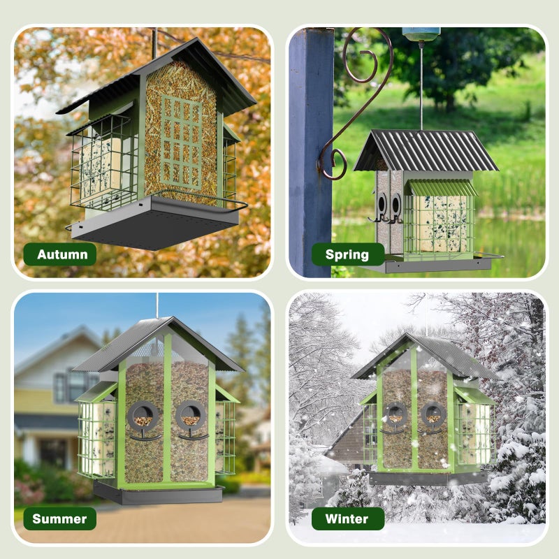 FlowaFoli Bird Feeders for Outdoors, Metal Bird Feeder with Double Suet Cage Weatherproof Metal Roof, 2 in 1 Mixed Seeds Suet Feeder, 4Lbs Large Capacity, Great for Finchã€Cardinalã€Chickadeeï¼ˆGreenï¼‰ - Image 5