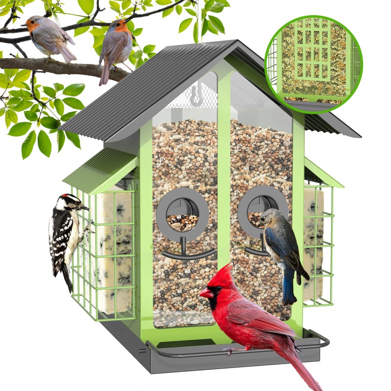 FlowaFoli Bird Feeders for Outdoors, Metal Bird Feeder with Double Suet Cage Weatherproof Metal Roof, 2 in 1 Mixed Seeds Suet Feeder, 4Lbs Large Capacity, Great for Finchã€Cardinalã€Chickadeeï¼ˆGreenï¼‰ - Image 1