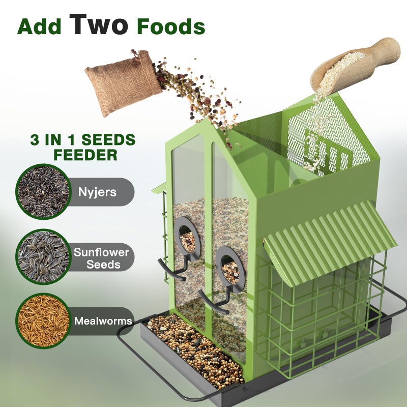 FlowaFoli Bird Feeders for Outdoors, Metal Bird Feeder with Double Suet Cage Weatherproof Metal Roof, 2 in 1 Mixed Seeds Suet Feeder, 4Lbs Large Capacity, Great for Finchã€Cardinalã€Chickadeeï¼ˆGreenï¼‰ - Image 3
