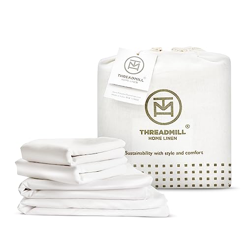 Threadmill Rayon Bamboo Queen Sheet Set  Viscose Bamboo Sheets for Queen Size Bed 4 Piece Hotel White  Silky Soft Cool Lightweight Breathable  Deep Pocket  Moisture Wicking  Cooling