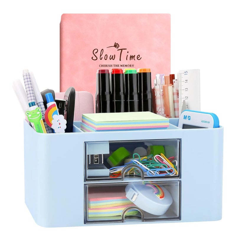 Wlevzzor Creative & Simple Desk Organiser, 7 Grids, Plastic Table Organiser with Drawer, Multifunctional Desk Organiser, Pen Holder for School, Office, Home (Blue) - Image 1