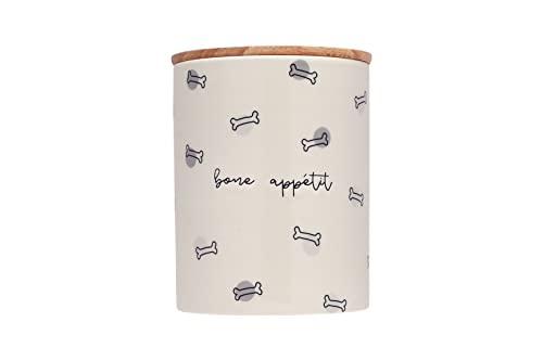 Pearhead Ceramic Bone Appétit Dog Treat Jar, Holds 4 Cups, Stoneware and Wood Canister, Neutral Pet Biscuit Storage with Airtight Freshness Seal, Dishwasher Safe - Image 1