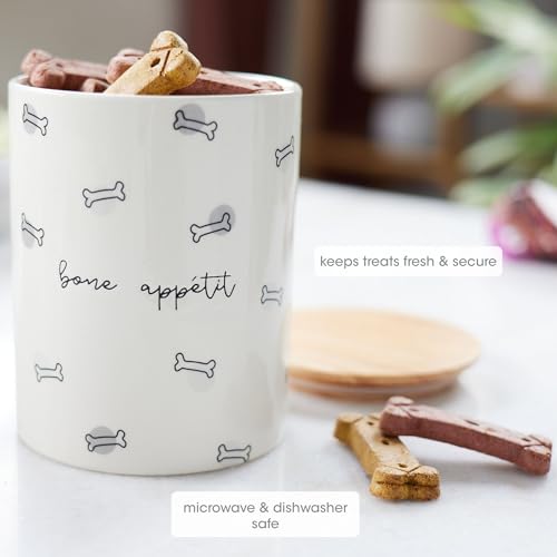 Pearhead Ceramic Bone Appétit Dog Treat Jar, Holds 4 Cups, Stoneware and Wood Canister, Neutral Pet Biscuit Storage with Airtight Freshness Seal, Dishwasher Safe - Image 2