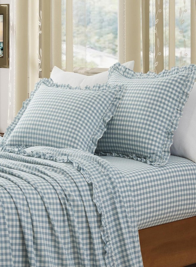 KKJIAF 2 Pcs Plaid Ruffle Pillow Case Standard Size, Washed Cotton Gingham Ruffled Euro Sham Pillow Covers 20x26 Inches, Plaid Bed Pillow Shams with Envelope Closure for Sofa Bed (Dusty Blue Plaid) - Image 3