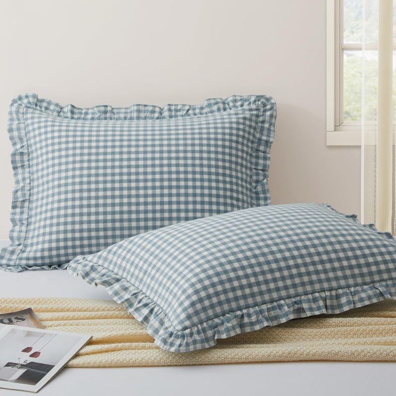KKJIAF 2 Pcs Plaid Ruffle Pillow Case Standard Size, Washed Cotton Gingham Ruffled Euro Sham Pillow Covers 20x26 Inches, Plaid Bed Pillow Shams with Envelope Closure for Sofa Bed (Dusty Blue Plaid) - Image 1