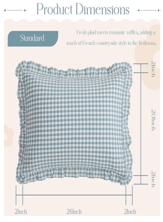 KKJIAF 2 Pcs Plaid Ruffle Pillow Case Standard Size, Washed Cotton Gingham Ruffled Euro Sham Pillow Covers 20x26 Inches, Plaid Bed Pillow Shams with Envelope Closure for Sofa Bed (Dusty Blue Plaid) - Image 2