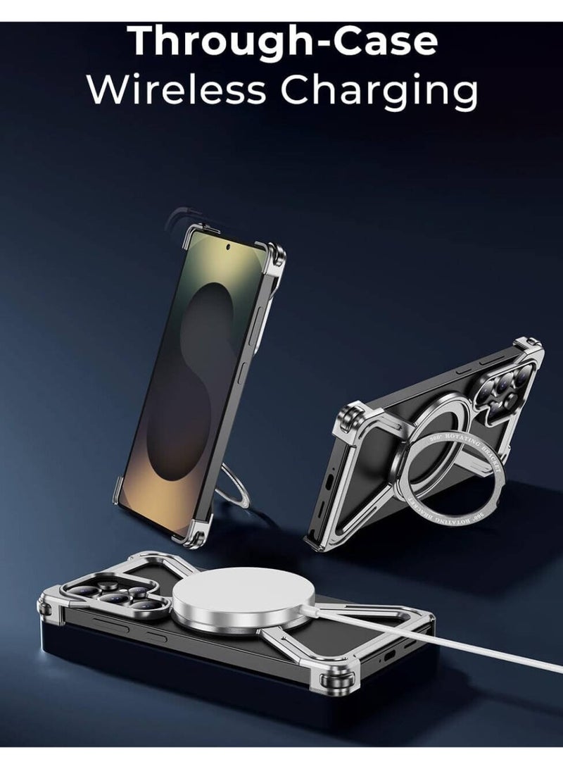 حافظة معدنية فاخرة ومقاومة للصدمات لهاتف Samsung Galaxy S25 Ultra، مزودة بحلقة دوارة بزاوية 360 درجة تعمل كمسند، ومتوافقة تماماً مع تقنية MagSafe. - Image 3