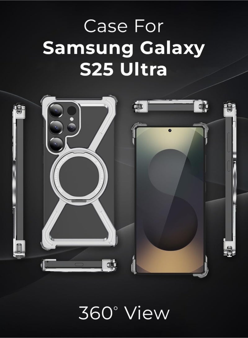حافظة معدنية فاخرة ومقاومة للصدمات لهاتف Samsung Galaxy S25 Ultra، مزودة بحلقة دوارة بزاوية 360 درجة تعمل كمسند، ومتوافقة تماماً مع تقنية MagSafe. - Image 4