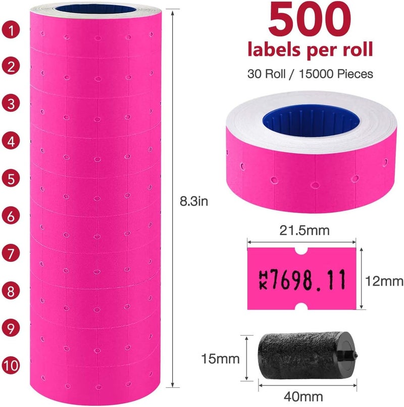 KPX 30 Rolls 15000pcs White Price Gun Labels for Mx-5500 Labeller White Pricemarker Stickers Plus 3 Piece Refill Ink Rolls (Rose) - Image 2