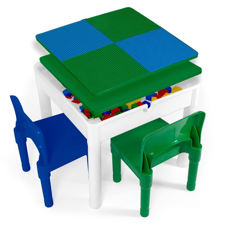 Play Platoon 5 in 1 Kids Activity Table and Chair Set Building Block Stem Craft Sensory Tables for Toddlers with 2 Chairs 25 XL Blocks Blue and Green