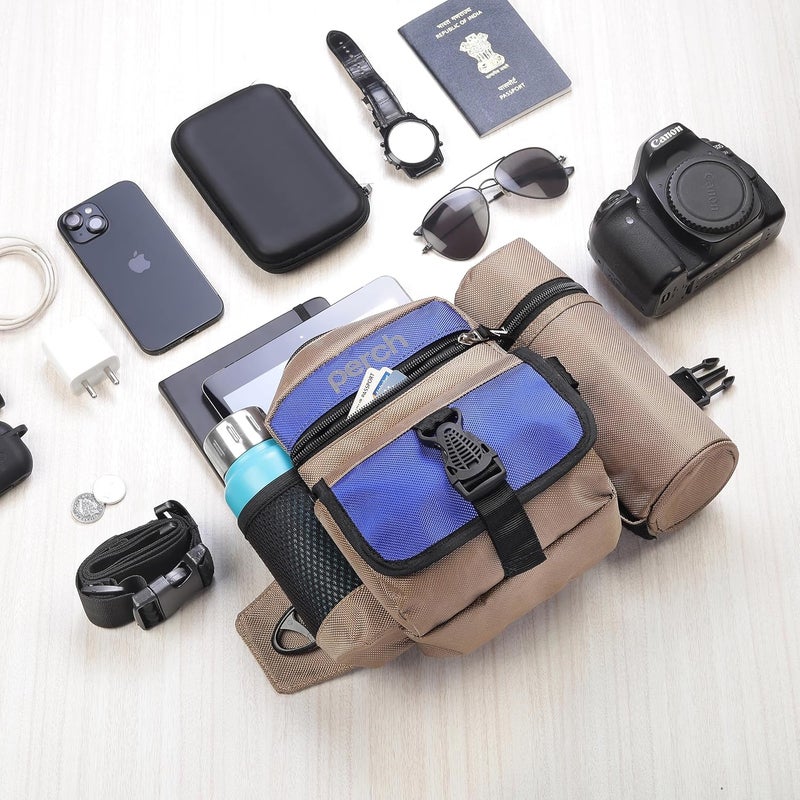 perch Waist Bag with Insulated (Hot and Cold) Detachable Bottle Holder-Multi-Utility Travel Sling Bag for Men - Perfect for Hiking, Trekking, and Camping -Water Resistant (Sand Brown with Blue) - Image 4