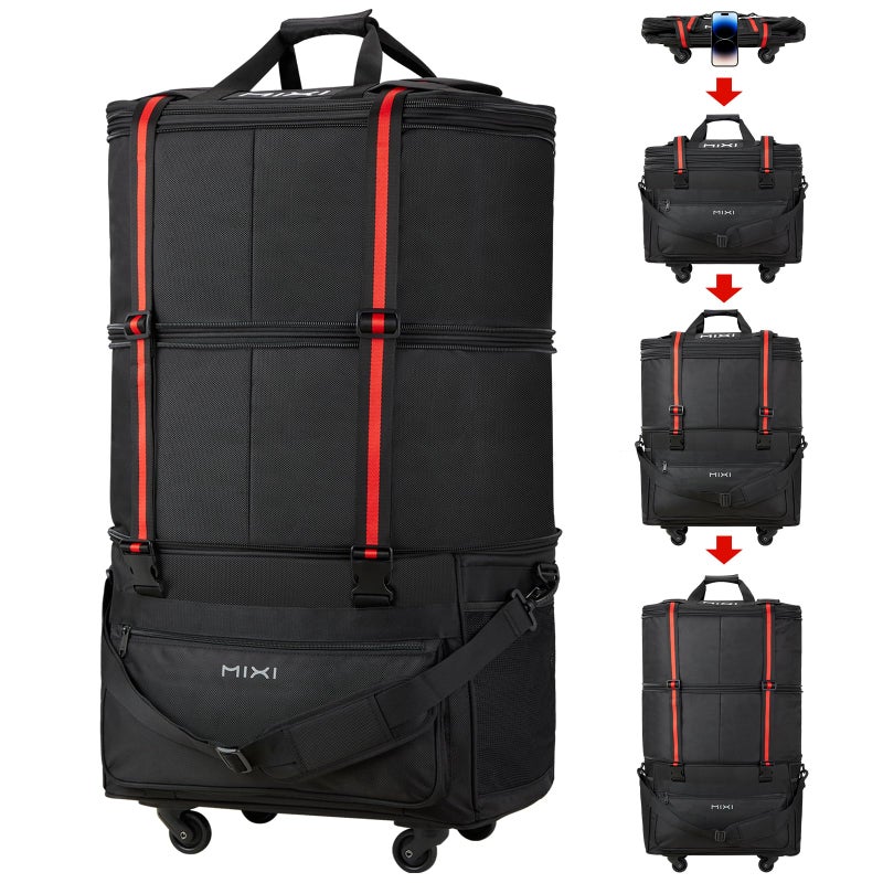 mixi Travel Bag with Wheels Expandable Foldable Luggage Bag Collapsible Rolling Travel Bag Duffel Bag Large Capacity Suitcase for Men Women, Black - Image 1