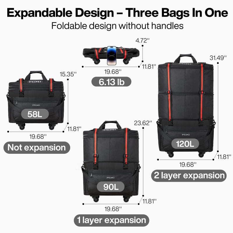 mixi Travel Bag with Wheels Expandable Foldable Luggage Bag Collapsible Rolling Travel Bag Duffel Bag Large Capacity Suitcase for Men Women, Black - Image 2