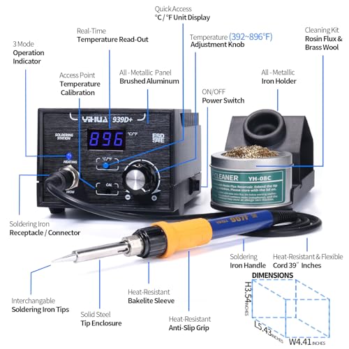 YIHUA 939D+ Digital Soldering Station, 75W Equivalent with Precision Heat Control (392°F to 896°F) and Built-in Transformer. ESD Safe, Lead Free with °C/°F display (Black) - Image 3