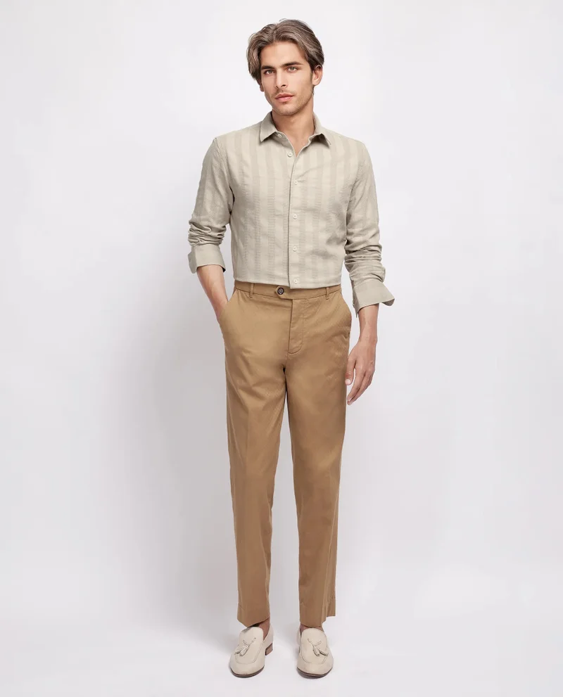 Rare Rabbit Rare Rabbit Men's Dobbiz Dark Beige Cotton Fabric Full Sleeve Collared Neck Button Closure Stripe Shirt