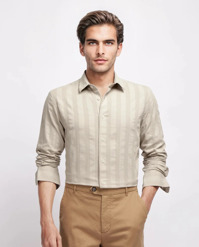 Rare Rabbit Rare Rabbit Men's Dobbiz Dark Beige Cotton Fabric Full Sleeve Collared Neck Button Closure Stripe Shirt