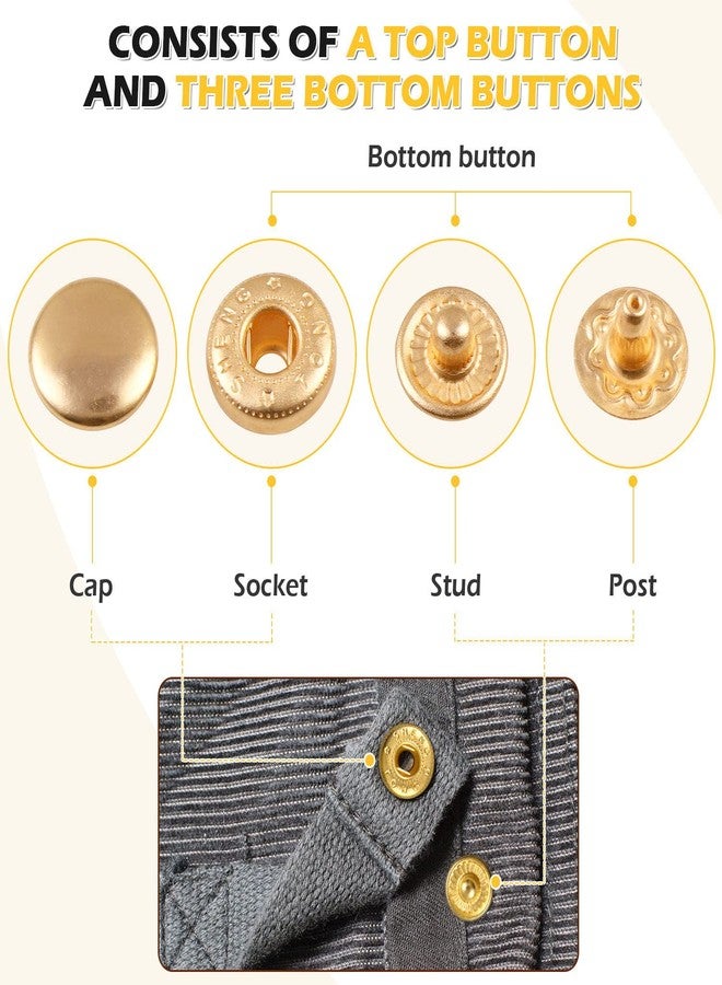 PECMER 50 Sets Snap Fasteners Kit 10mm Metal Snap Buttons Kit Leather Fasteners for Craft Sewing Clothes Leather Bracelets Belt Jackets Bags -200 Pcs Pale Gold - Image 3