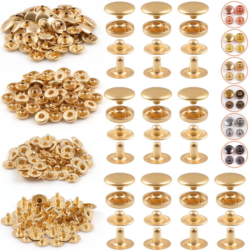 PECMER 50 Sets Snap Fasteners Kit 10mm Metal Snap Buttons Kit Leather Fasteners for Craft Sewing Clothes Leather Bracelets Belt Jackets Bags -200 Pcs Pale Gold - Image 1