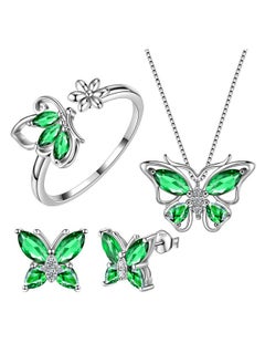 Aurora Tears Butterfly Jewelry Set925 Sterling Silver Butterflies Mayemerald Birthstone Pendant Necklace Earrings Rings For Wedding Gif  - Image 1